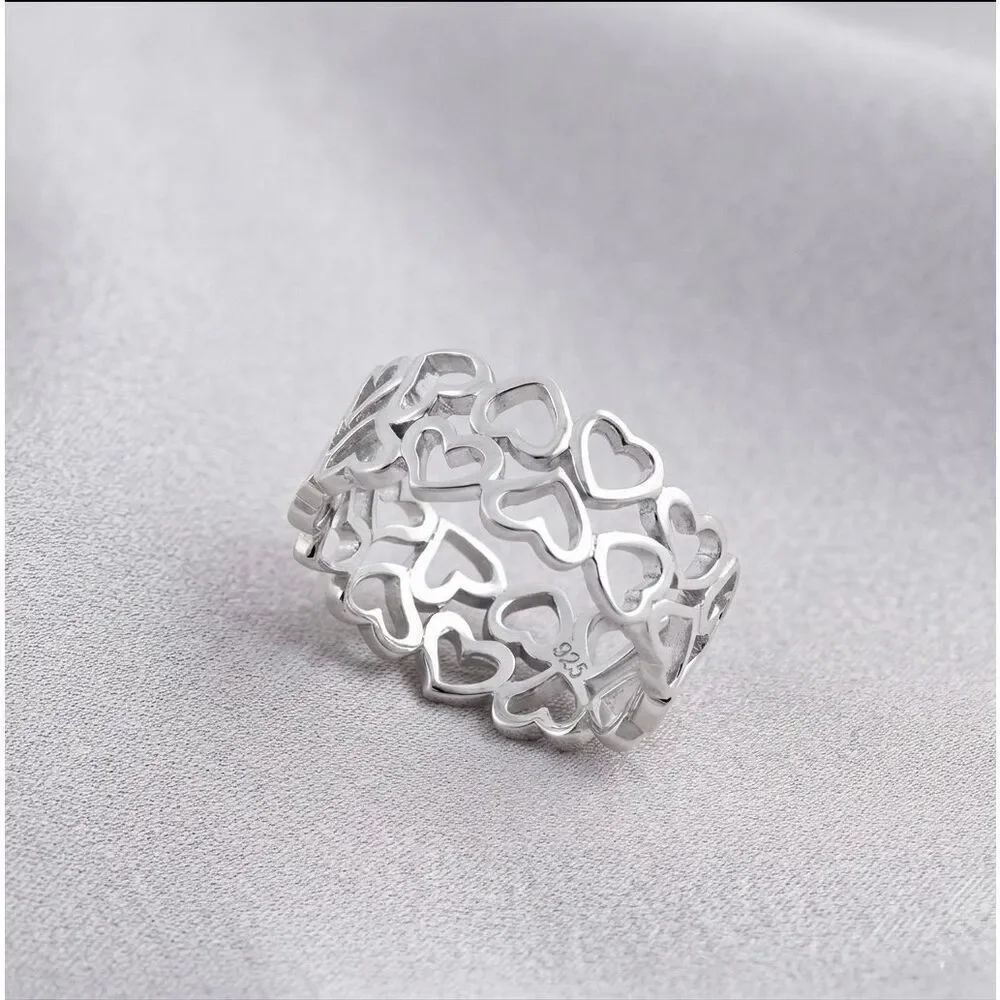 925 Sterling Silver Hearts Band Ring Size 7 New Openwork Eternity Love Gift